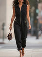 Streetwear Jumpsuit For Women Fashion Sleeveless Zipper Turn-down Collar Long Pants Jumpsuits Lady Casual Solid Women's Clothing