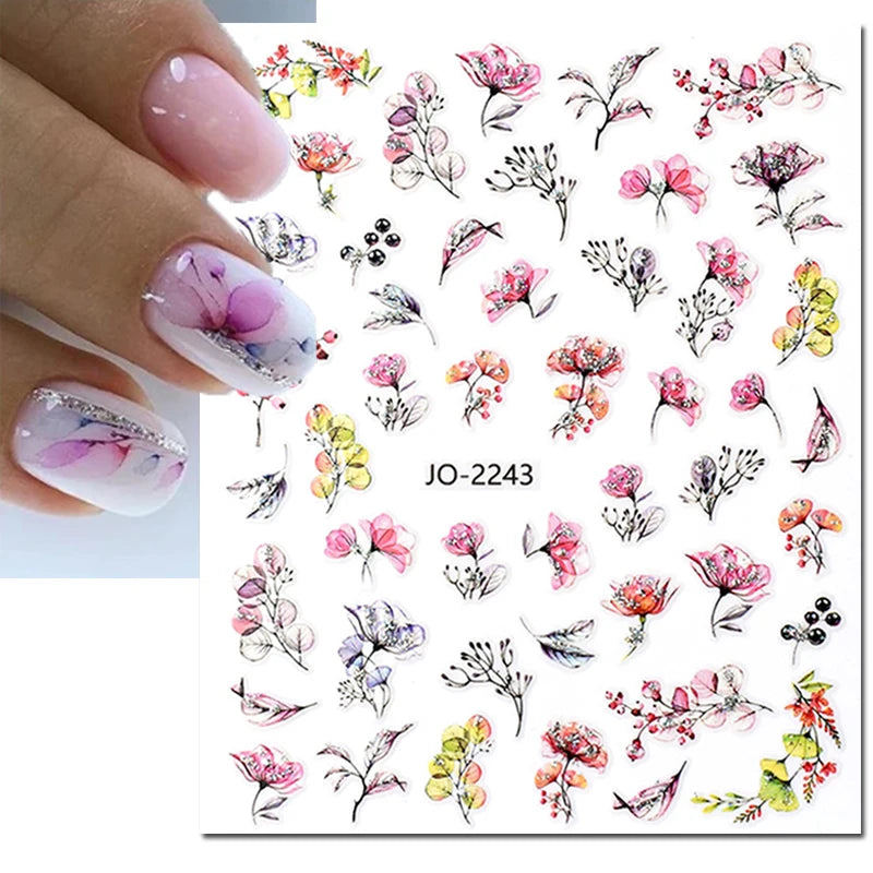 3d Nails Art Decals Spring Fruits Pink Full Tips Peony Magnolia Flowers Adhesive Sliders Stickers Decoration For Nails Manicure