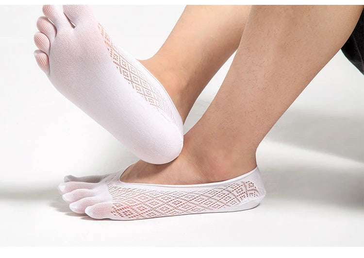 1/5 Pairs Summer Men's Invisible No Show Five Finger Socks Thin Velvet Non-Slip Mesh Breathable Elastic Solid Silk Soft