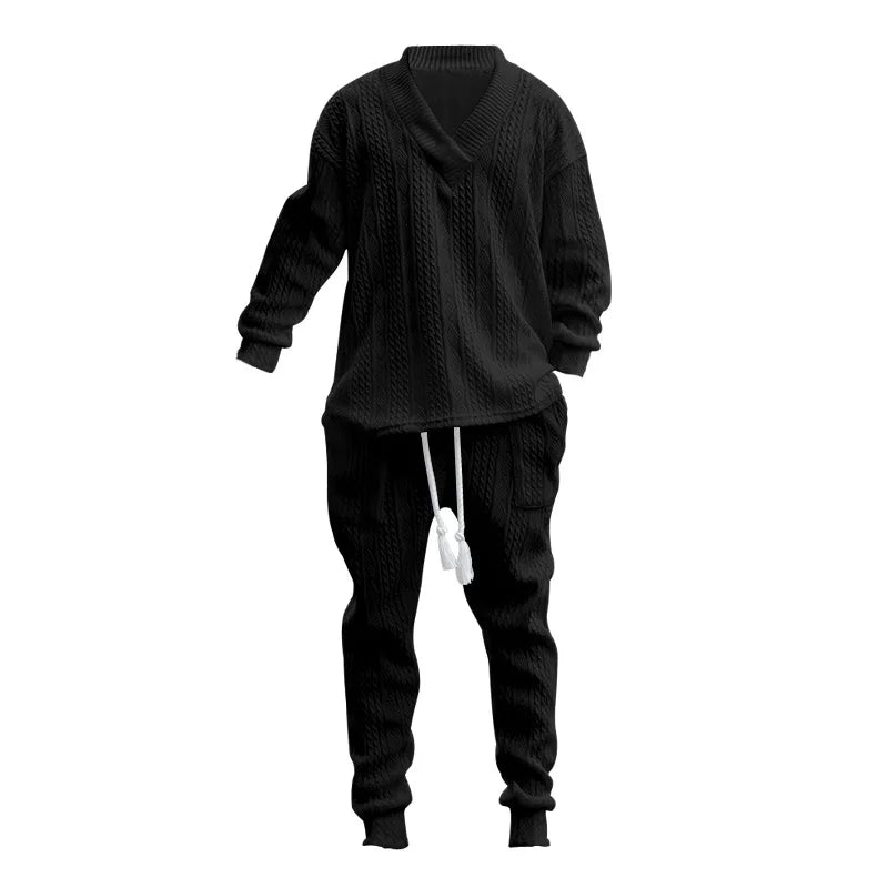 2025 Cross-border New Men's Casual Trousers V-Neck Versatile Jacquard Knitted Sweater Set