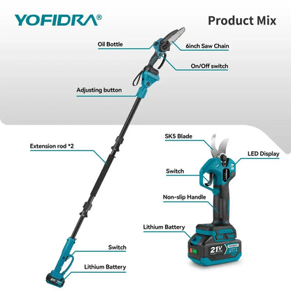 YOFIDRA 3IN1 Brushless Electric Chainsaw Telescoping Pole High Branch Saw Woodworking Pruning Power Tool  Makita 21V Battery Pin