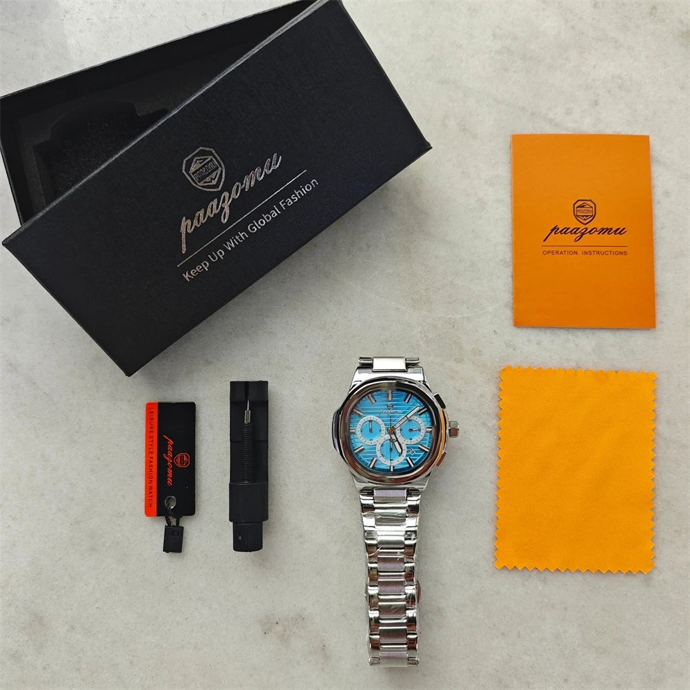 PAAZOMU Fashion Brand Man Wristwatch Waterproof Stainless Steel Luminous Men Watch Chronograph Date Luxury Quartz Men's Watches