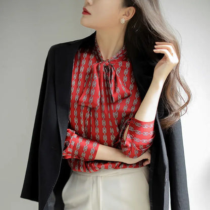 Harajuku Vintage New Fashion Scarf Neck Long Sleeved Women's Blouse Printed Shirt Casual Loose Youth Tops Elegant Female Clothes