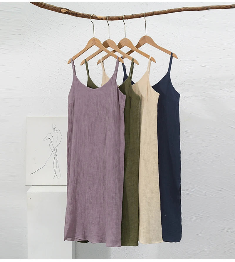 Casual Muslin 100% Cotton Gauze Dresse Summer Women's Loose Sleeveless Backless Streetwear Female Chic Dress Vestidos Long Robe