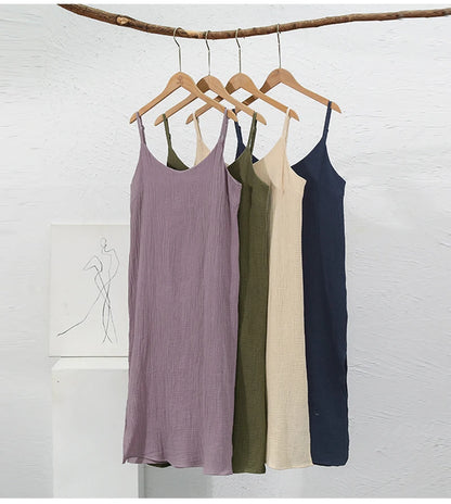 Casual Muslin 100% Cotton Gauze Dresse Summer Women's Loose Sleeveless Backless Streetwear Female Chic Dress Vestidos Long Robe