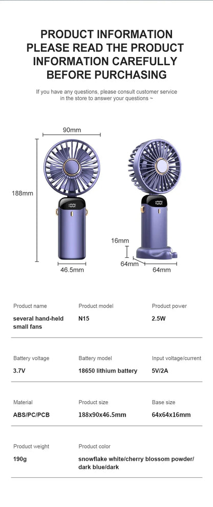 5000mAh Handheld Mini Fan Wireless USB Rechargeable Portable Digital Display Phone Holder Fan 5 Speed Foldable Neck Hanging Fans