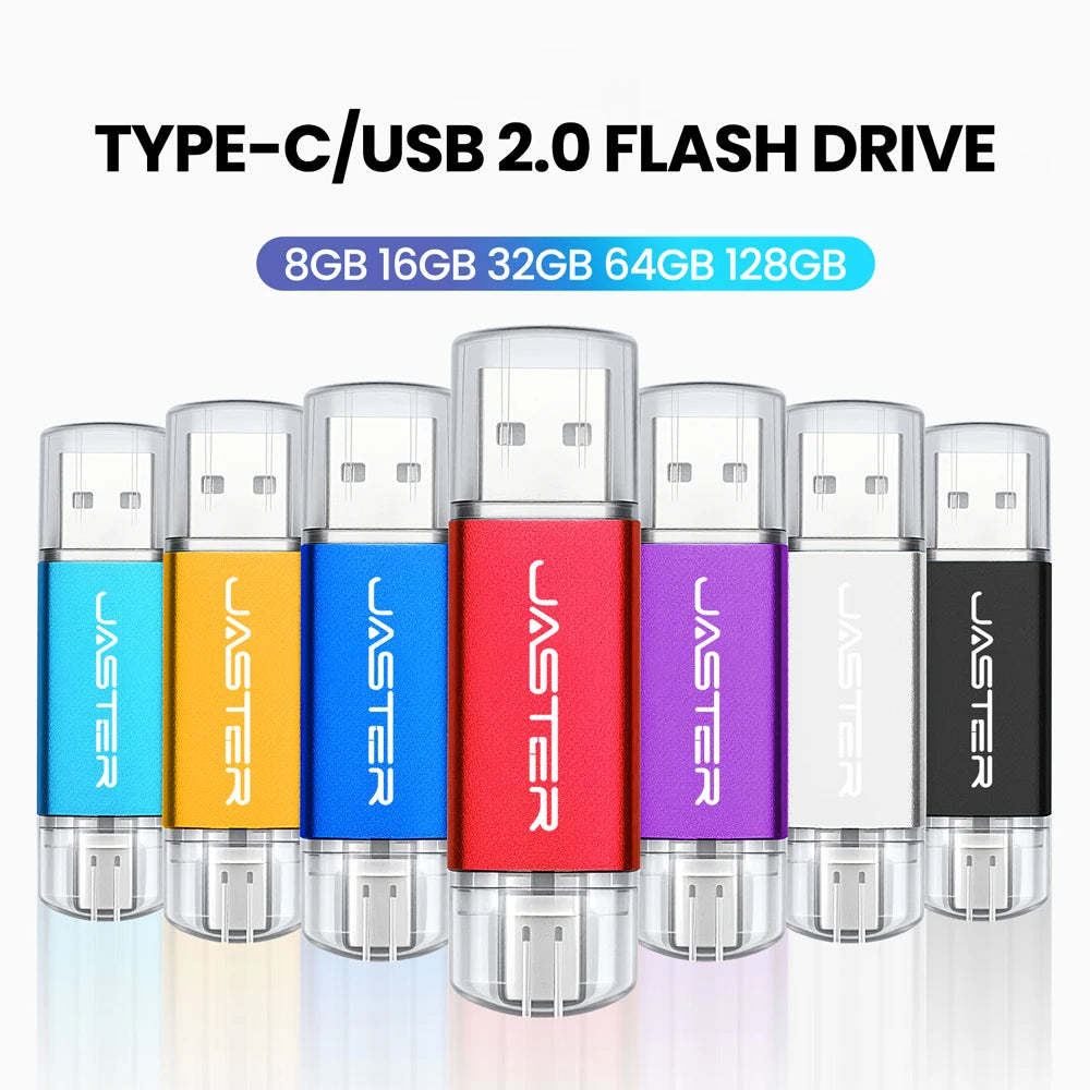 JASTER High Speed TYPE C 2in1 USB Flash Drive 64GB Metal Pen Drive Smart Phone Car TV 8GB Office Gift Memory Stick Fast Delivery