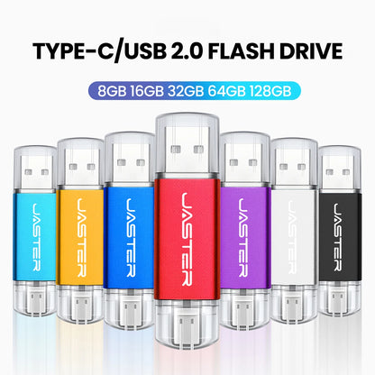 JASTER High Speed TYPE C 2in1 USB Flash Drive 64GB Metal Pen Drive Smart Phone Car TV 8GB Office Gift Memory Stick Fast Delivery