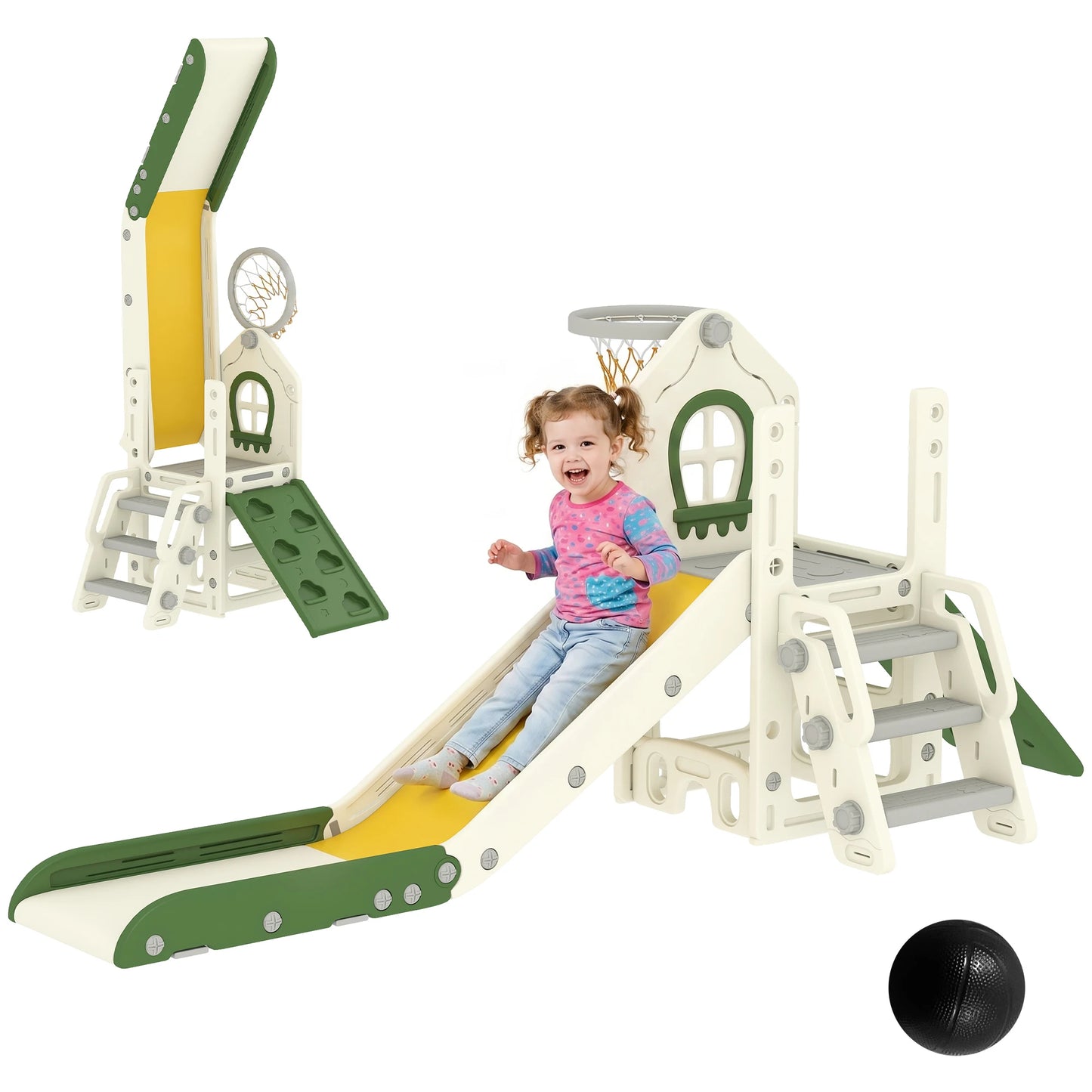 4-in-1 foldable slide with a climbing element, basketball hoop, storage space, and a basketball for children aged 1 to 3, cream white