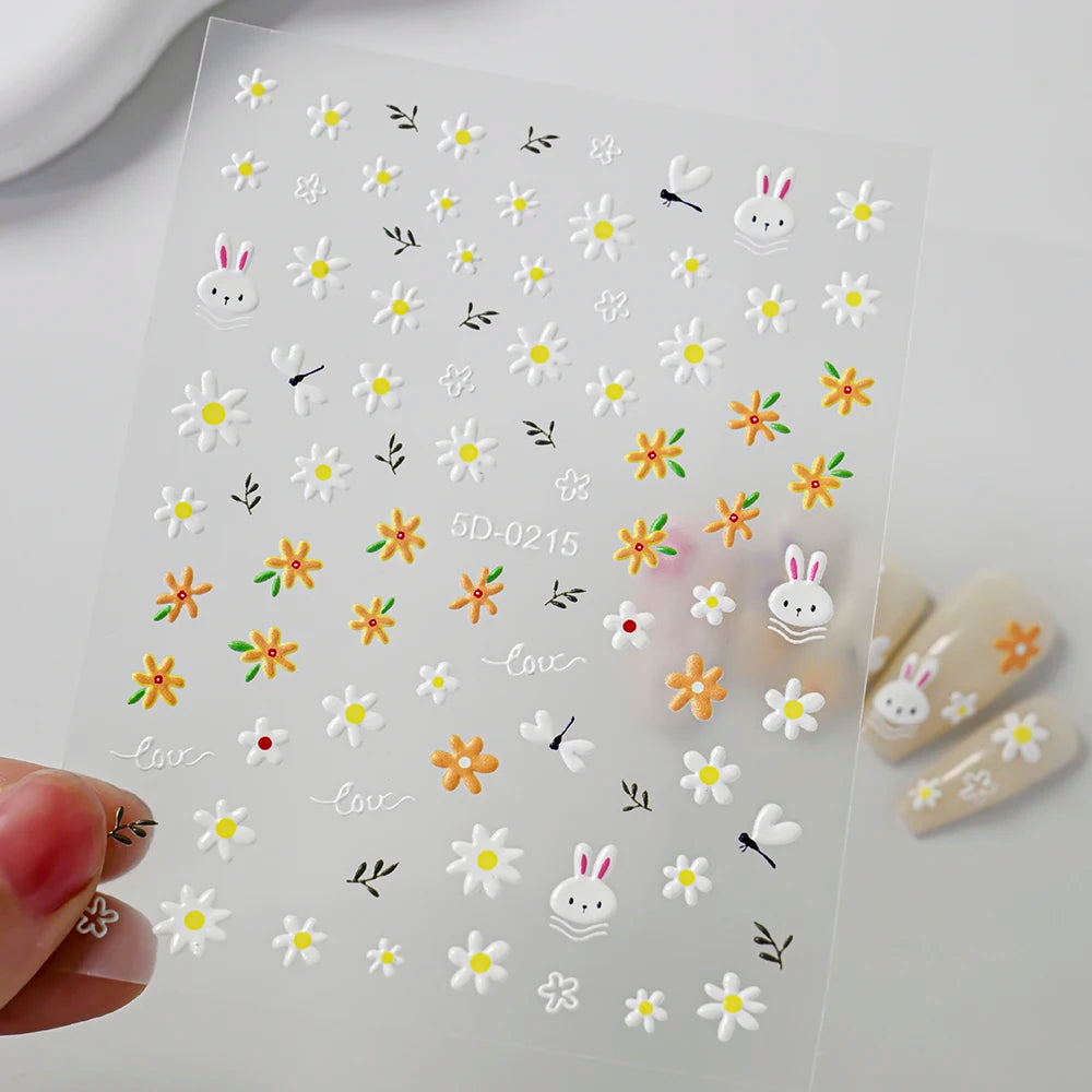 5D Hibiscus Flower Nail Embossed Sticker Acrylic Pink White Gold Petal Leaf Adhesive Decal Butterfly Dragon Floral Elegant Decor