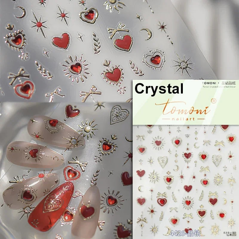 5D Cute Rabbit Love Heart Peach Blossom Flower Yellow Nail Art Stickers Bowknot DIY Self Adhesive Rhinestone Manicure Decals