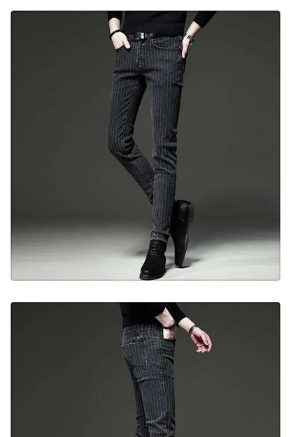 Men's Striped Slim Stylish Casual Pencil Pants Jeans Spring Autumn Korean Trendy Fashion Brand New Elastic Striped Long Trousers