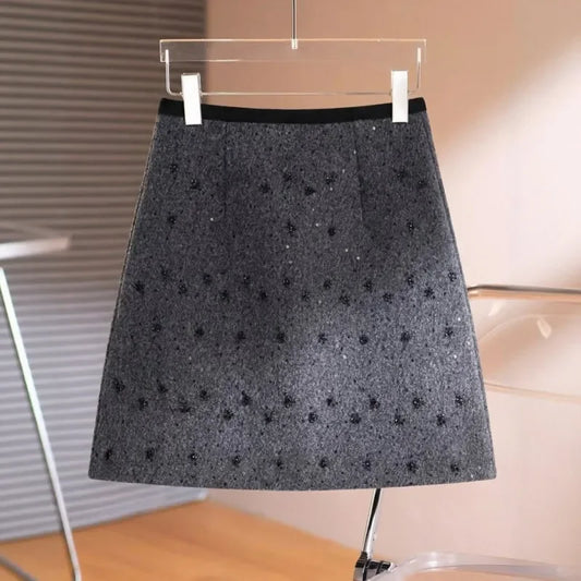 Women High Waist Wool A Line Mini Skirt Beaded Sequins Decor Slim Vintage Short Half Skirt