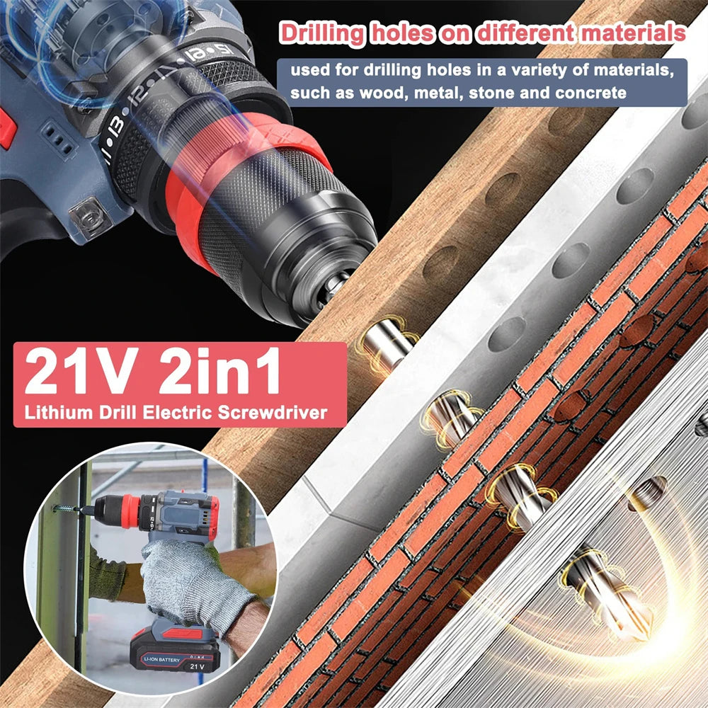 55N.M Brushless Electric Drill Screwdriver 2 IN 1 Handheld Cordless Impact Drill Woodworking DIY Power Tool With 2PCS Battery