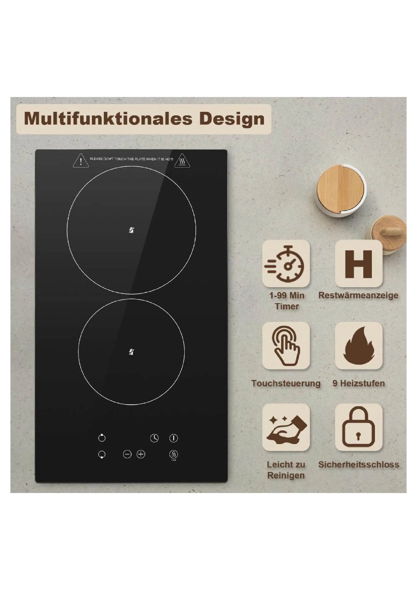 KICHPOWER 2 Plate with Plug Touch Control Glass Ceramic Hob