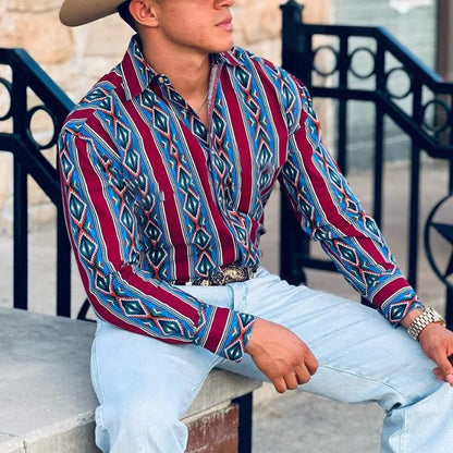 2024 Men's Long Sleeve Western Denim Shirt, Outdoor Casual Party, HD Pattern, Soft and Comfortable Button Lapel T-shir