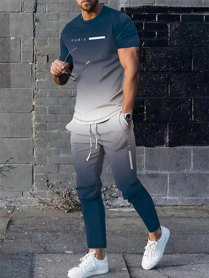 2025 Autumn Fashion Round-neck Short-sleeved Shirts And Casual Long Pants, Urban Street Loose And Casual Fashion Men's 2pcs Set