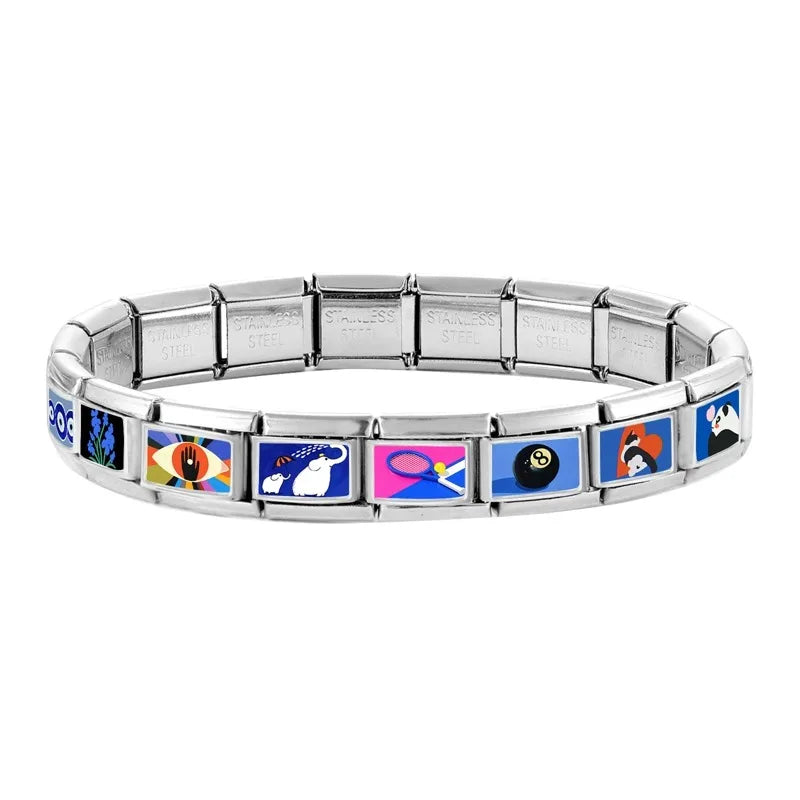 Fashion Blue NO.8 Ball Panda Elephant Cat Flower Italian Charms Fit 9mm Stainless Steel Women Fashion Bracelet DIY Jewelry Gifts