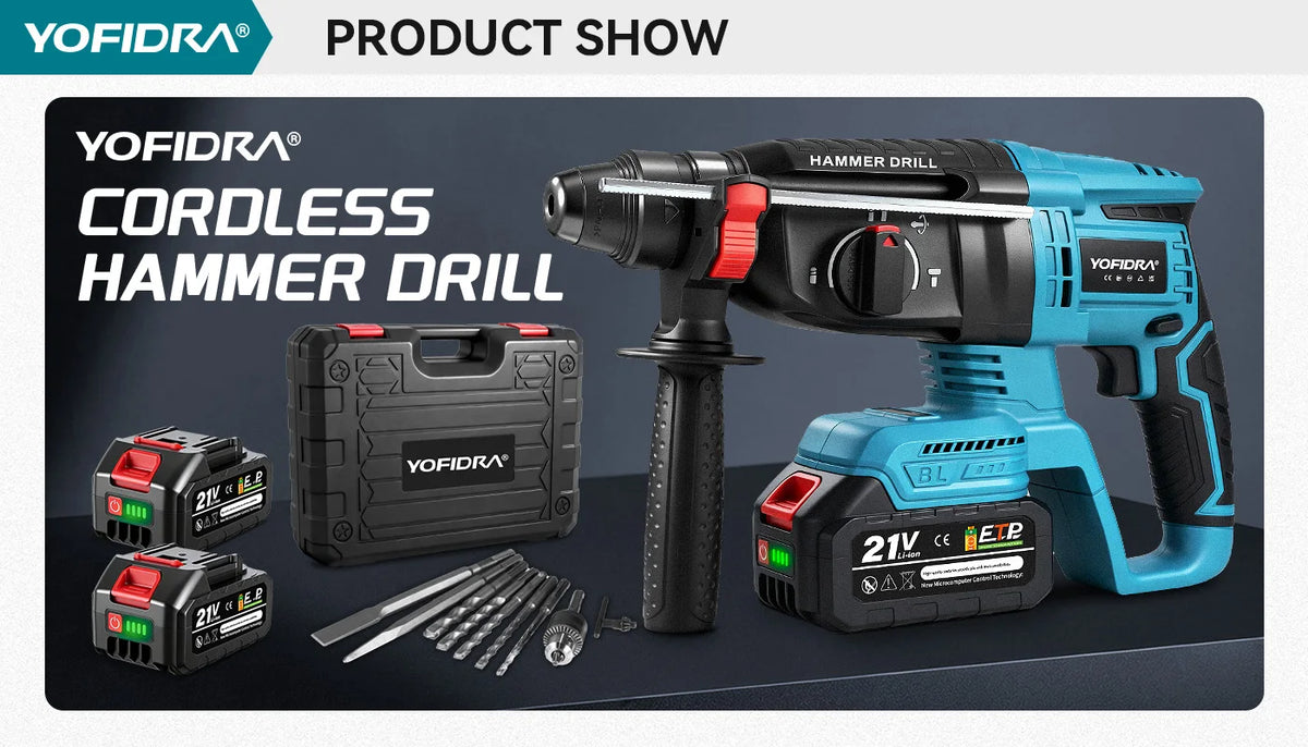 YOFIDRA 26MM Brushless Electric Hammer Drill Multifunctional Rotary Cordless Rechargeable Power Tools For Makita Battery Pin