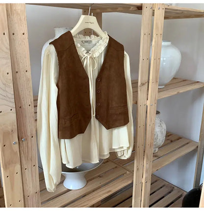 Retro Vests Women V-neck Single Breasted All-match Korean Style Spring Autumn Layering Outerwear Cozy Vintage Loose Comfortable