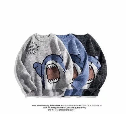 Autumn/Winter Japanese Cartoon Shark Round Neck Couple Sweater Men's Trendy Brand Loose-Fit Korean Knitted Top Hong Kong Style