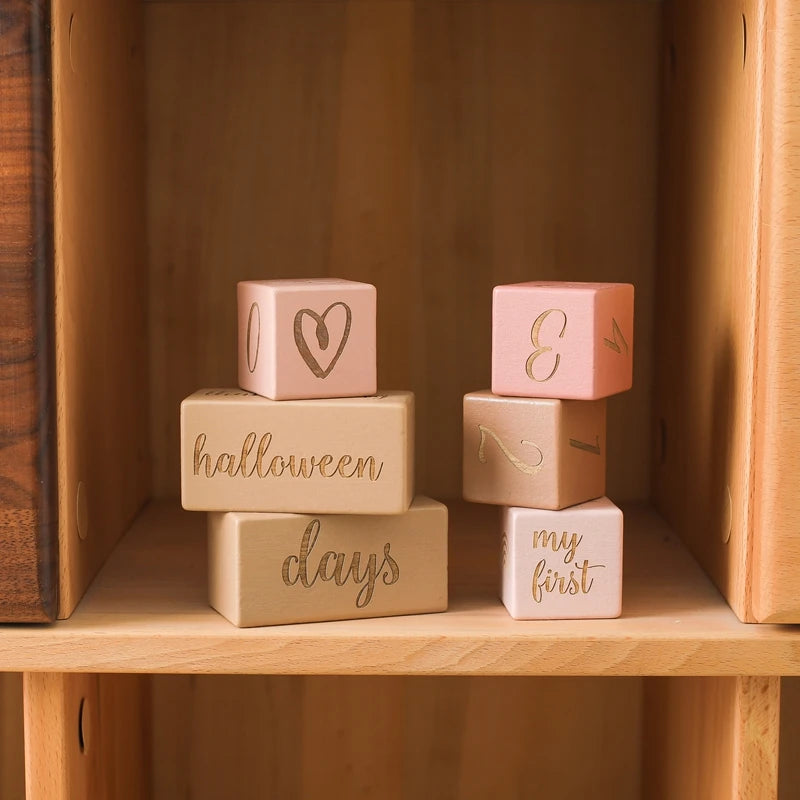 Baby Milestone Memorial Beech Wooden Blocks Quadrate Engraved Newborn Grow up Milestones Commemorate Block Photography Props