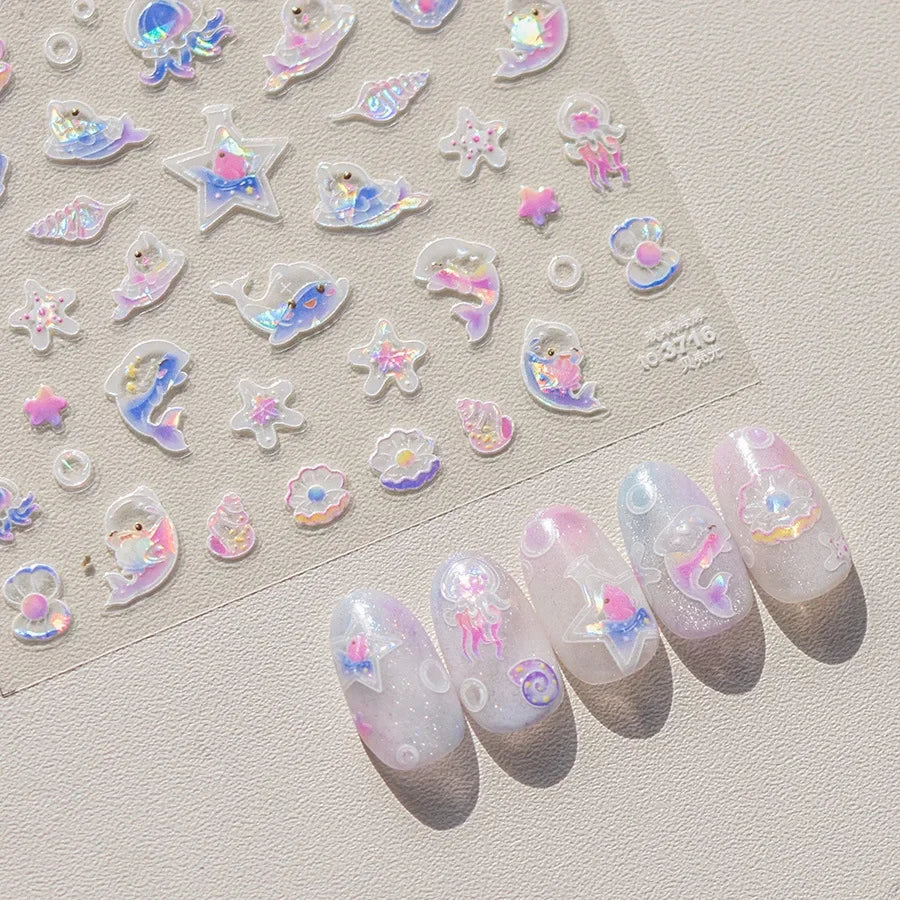 Colorful Bagful Jellyfish Bubbles Swimming Rings Rainbow Stars Ocean Starfish Self Adhesive 5D Nail Art Sticker Manicure Decal