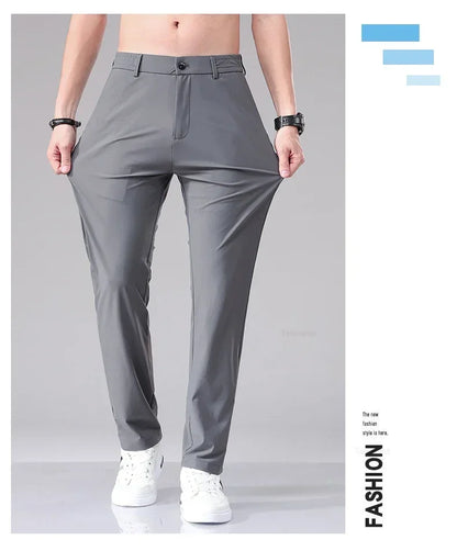 Ultra-thin Elastic Men's Casual Trousers Summer Quick-drying Ice Silk Slim Straight Business Solid Color Y2K Trousers Black Gray