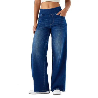 Women Jeans With Pockets Elastic High Waist Solid Color Full Length Pants Straight Wide Leg Trousers Sweatpant Daily Commuting
