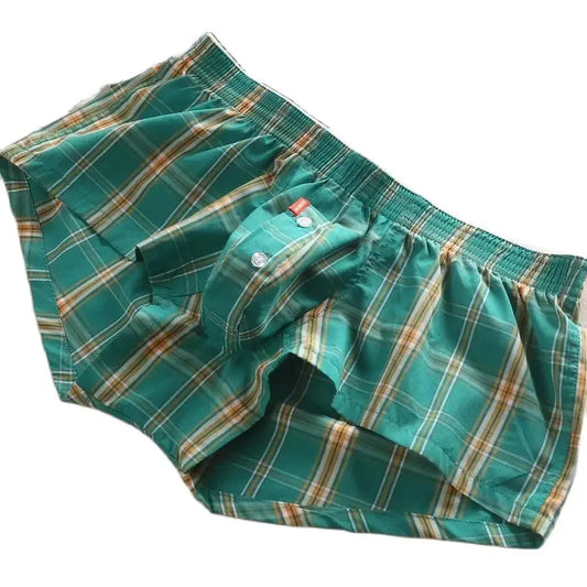 SEOBEAN MENS SEXY COTTON SHORTS HOME COMFORT CHECKERED FIT TRUNKS