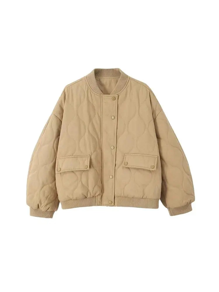 Women Fashion Oversized Thick Warm Quilted Bomber Jackets Coat Vintage Long Sleeves Snap-button Female Outerwear Chic Tops