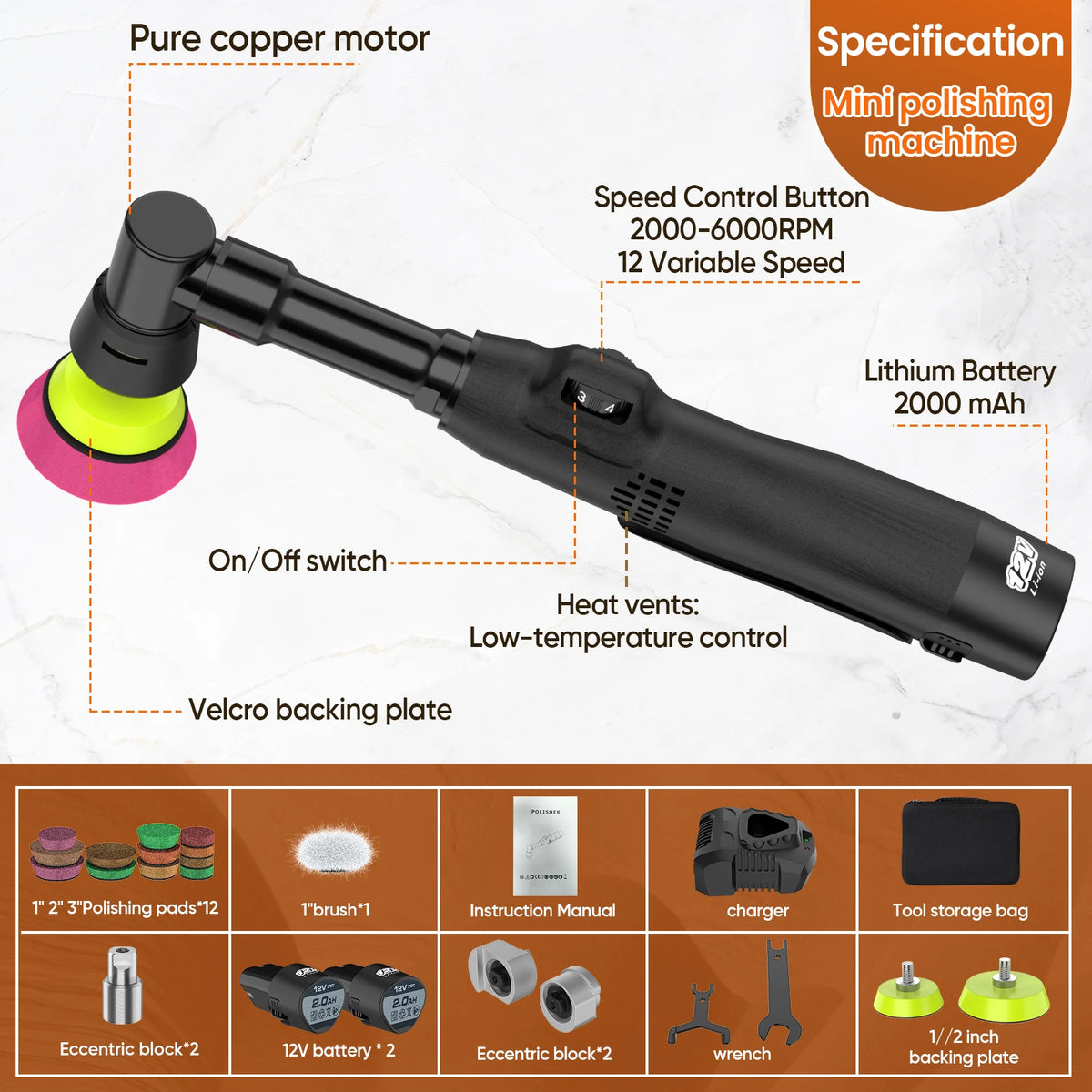 Cordless Mini Car Polisher RO/DA Portable Handheld Polishing Machine 5 Speed Levels &2 Rechargeable Batteries for Auto Detailing