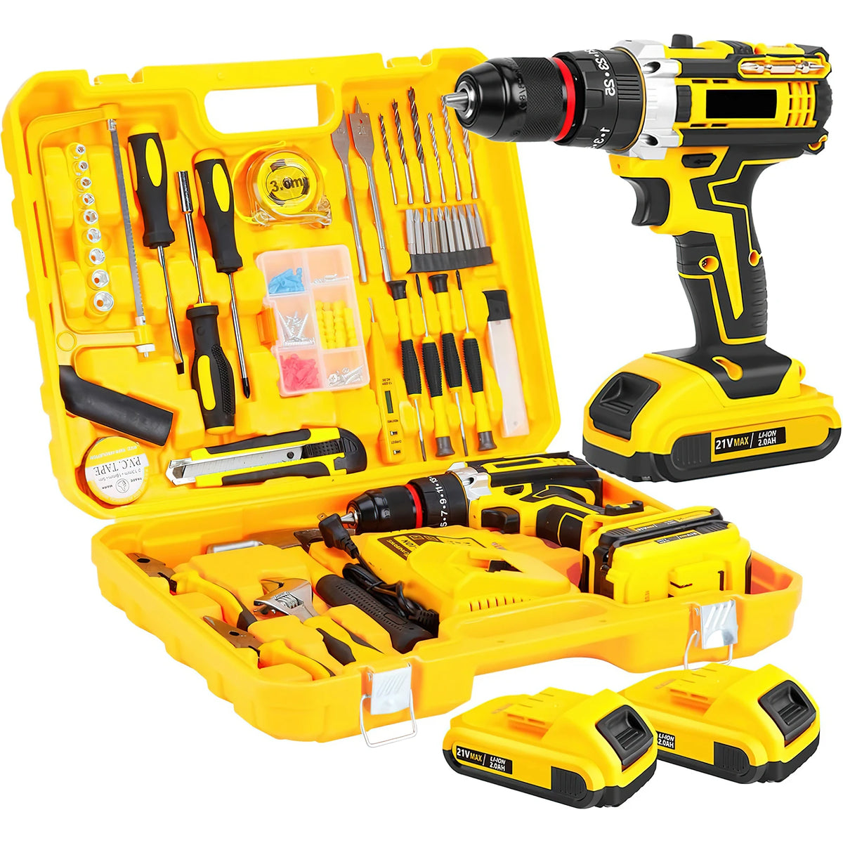 120 piece power tool kit with 21V cordless drill 3/8-inch keyless chuck 25+3 impact clutch maximum torque 45Nm tool kit