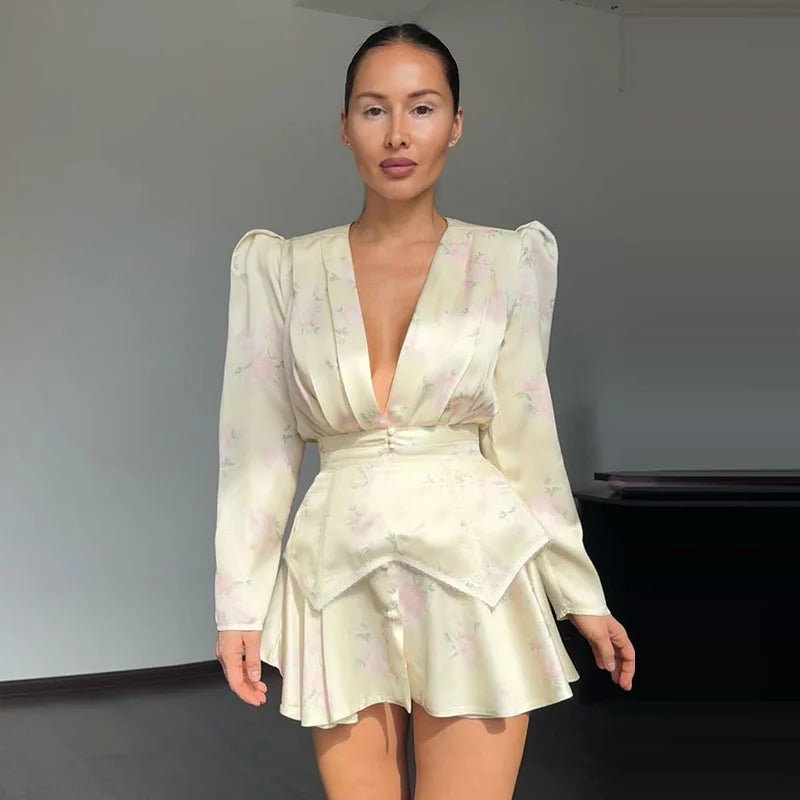 Sexy Women's Dress Deep V-neck Full Sleeve Waistband Two Piece Female Print Floral Sets 2026 Summer Party New Holiday Lady Suit