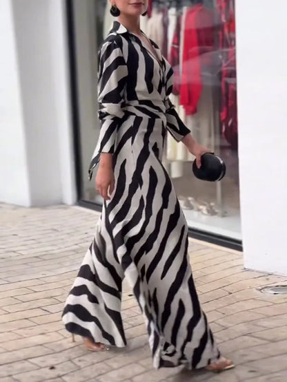 Women's Fashion Zebra Printed Wide Leg Lapel Jumpsuits Long Sleeves High Waisted Urban Trendy Office Party Jump Suits