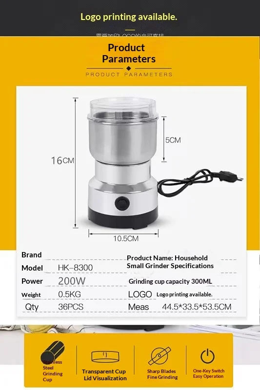 Electric Coffee Grinder, Multifunctional Kitchen Grain Grinder with 4 Sharp Blades, Fast Grinding for Coffee Beans, Nuts, Spices