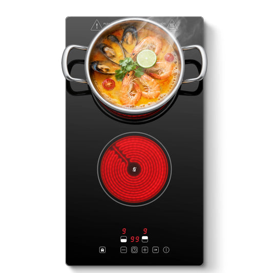 2-Zone Ceramic Hob, 3000W with Child Lock, 9 Heat Levels, 1-99min Timer, Black (CE Certified)