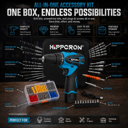 Hippcron 12V Lithium Electric Drill Tapping Cordless Impact Tool Ratchet Set Multifunction Screwdriver Household with 3/8" Chuck