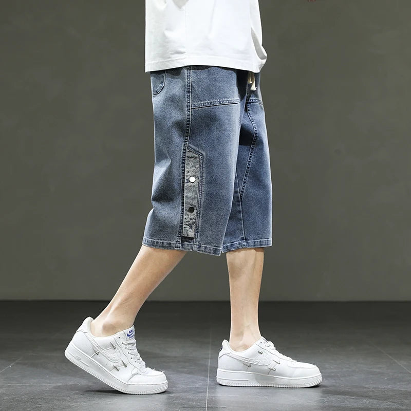 Korean Style Men's Long Shorts 3/4 Length Denim Bermuda Male Big Plus Large Size Jeans Fashion Below Knee Streetwear Loose Baggy