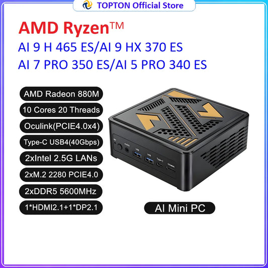 Topton Gaming Mini PC AMD Ryzen AI 9 H 465 HX 370 AI 7 PRO 350 ES USB4 2x2.5G LAN NVMe Windows 11 Office Desktop Computer WiFi6E