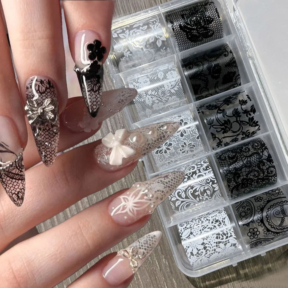 10 Rolls 4x50CM Black White Lace Transfer Nail Sticker Sexy Flower Lace Nail Art Transfer Foils Paper for DIY Manicure Decals*@#