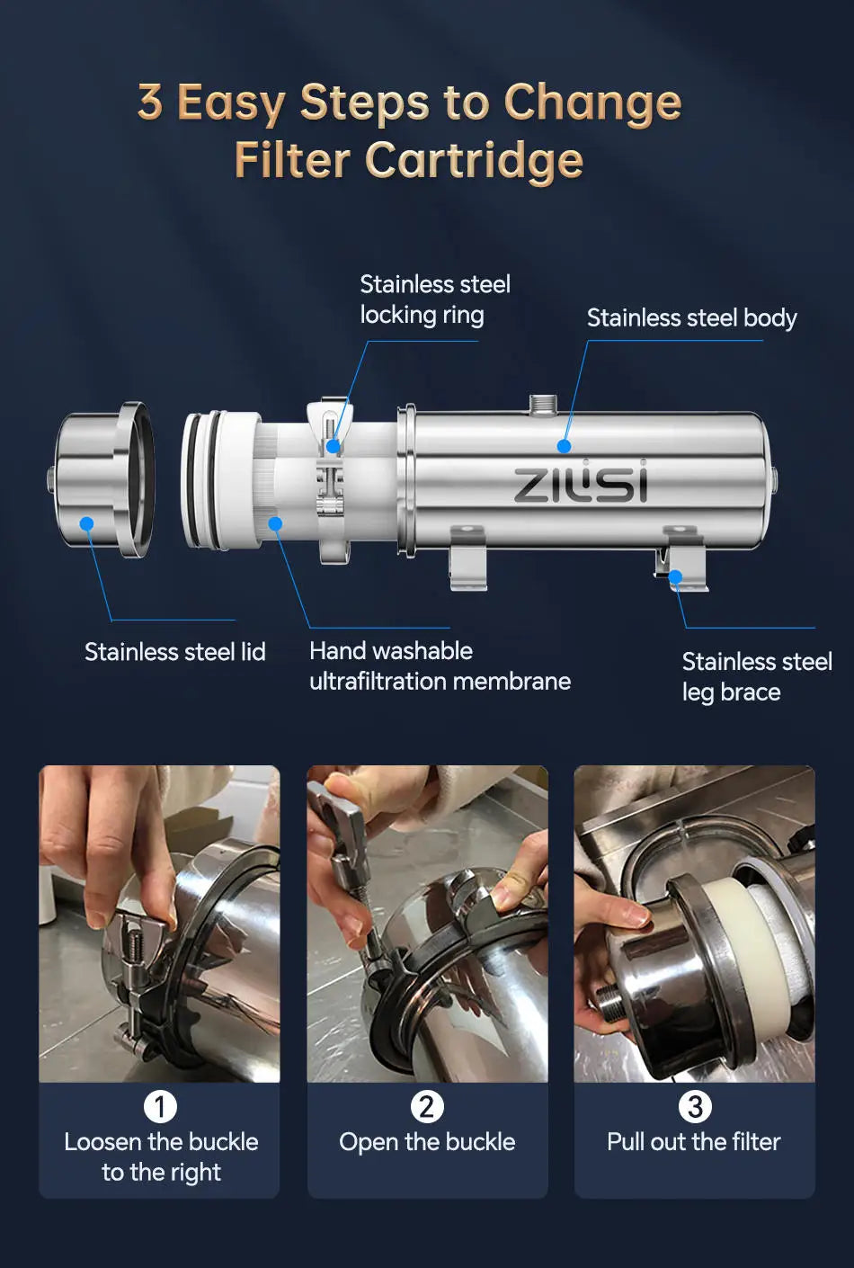 ZILISI High Flow Water Filter System, Whole House Stainless Steel, Mineral Water Filter, Reusable PVDF Direct Drink, 5000L