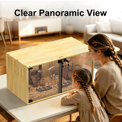 Wooden Hamster Guinea Pigs Cage Mice and Rat Habitat with Removable Divider Tempered Glass Panels Chew-proof Small Animals Cage for Small Pets
