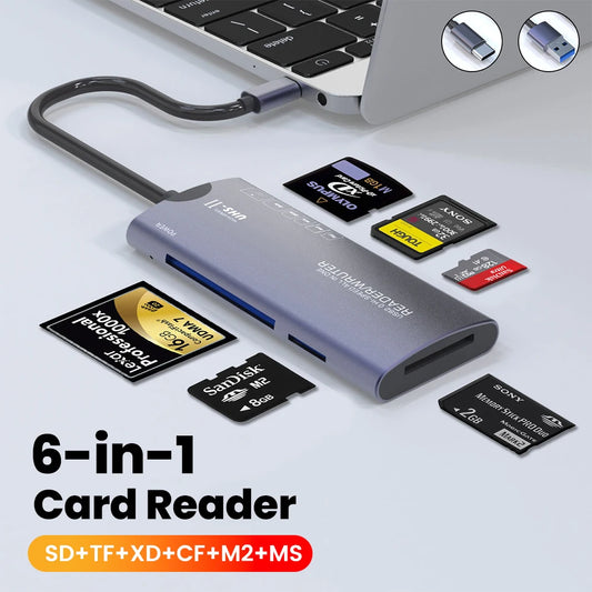 6 in 1 USB Memory Card Reader Multifunction Type C SD/TF/MS/XD/CF Reader Multi Memory Card Reader for PC Laptop Accessories