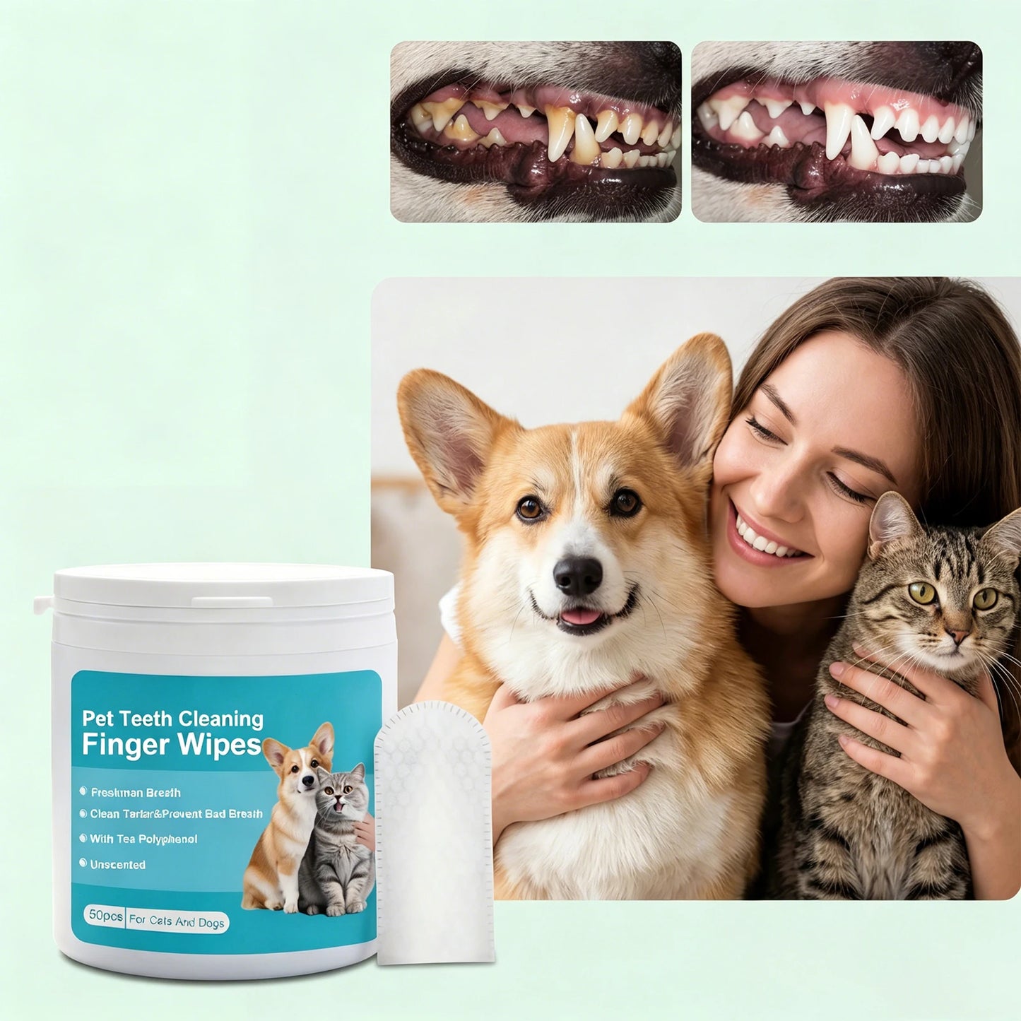 Pet Dental Finger Wipes for Dogs Cats Remove Plaque Tartar Stains Whitening Fresh Breath Disposable Toothbrushing Wipes 50PCS
