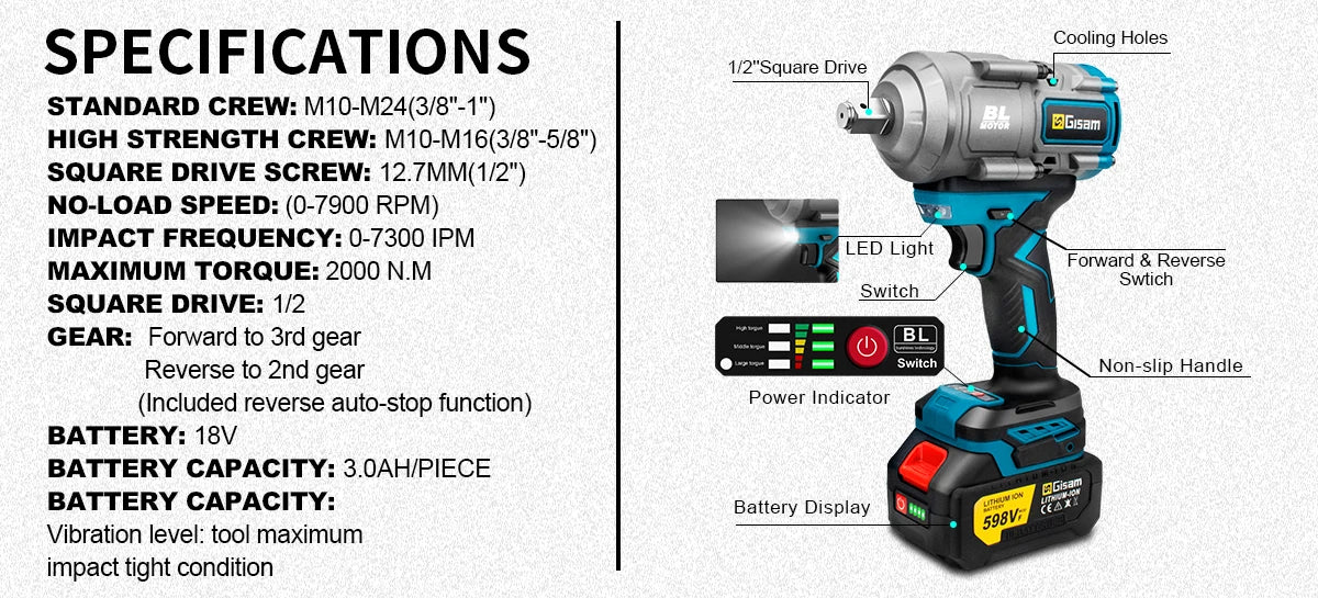 Gisam 2000N.M Brushless Electric Impact Wrench 1/2 inch Cordless Screwdriver Drill 3Gear Electric Wrench Power Tool For Makita 18V Battery Pin