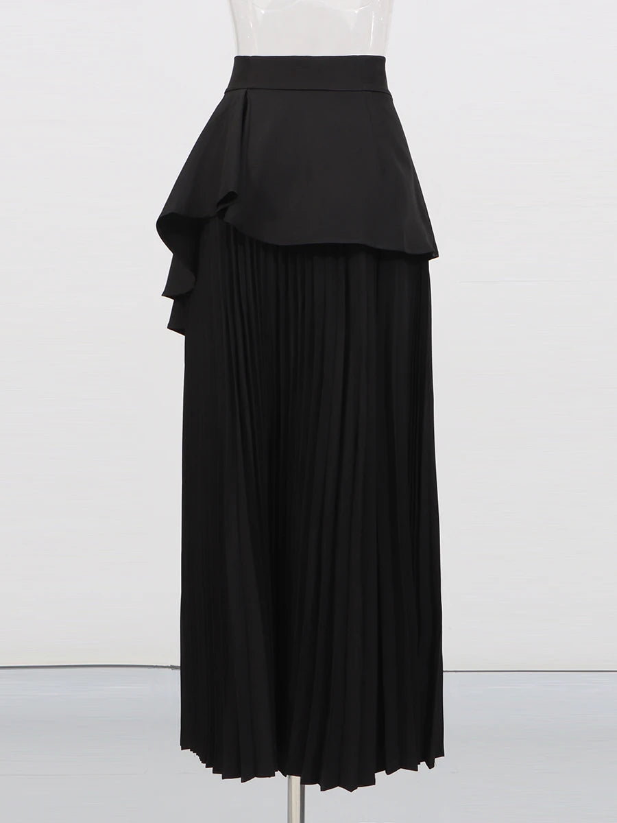 CHICEVER Elegant Spliced Asymmetrical Ruffles Skirts for Women High Waist Patchwork Appliques Pleated Long Skirt Female Spring