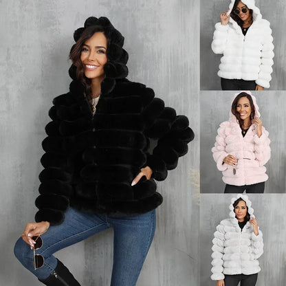 2026 Faux Fur Women Coats Hooded Full Sleeve Short Coat Zipper Thick Warm Solid Temperament Elegant Splice Autumn Winter