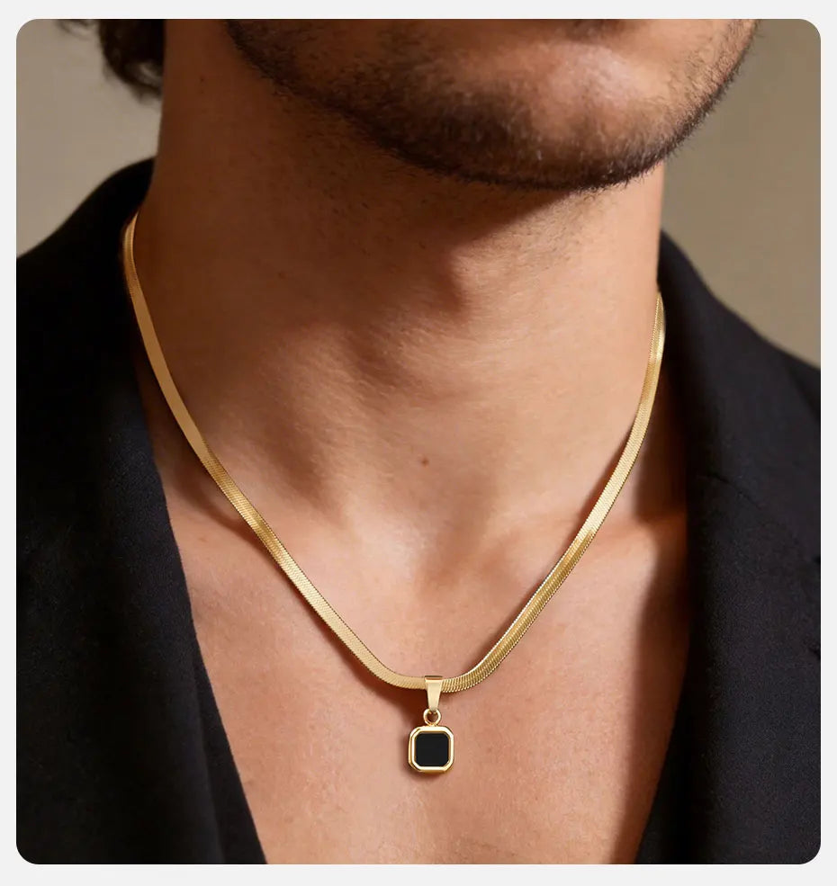 Vnox Geometric Square Natural Stone Pendant Necklace for Men, Gold Silver Color Stainless Steel Blade Chain, Trendy Jewelry Gift