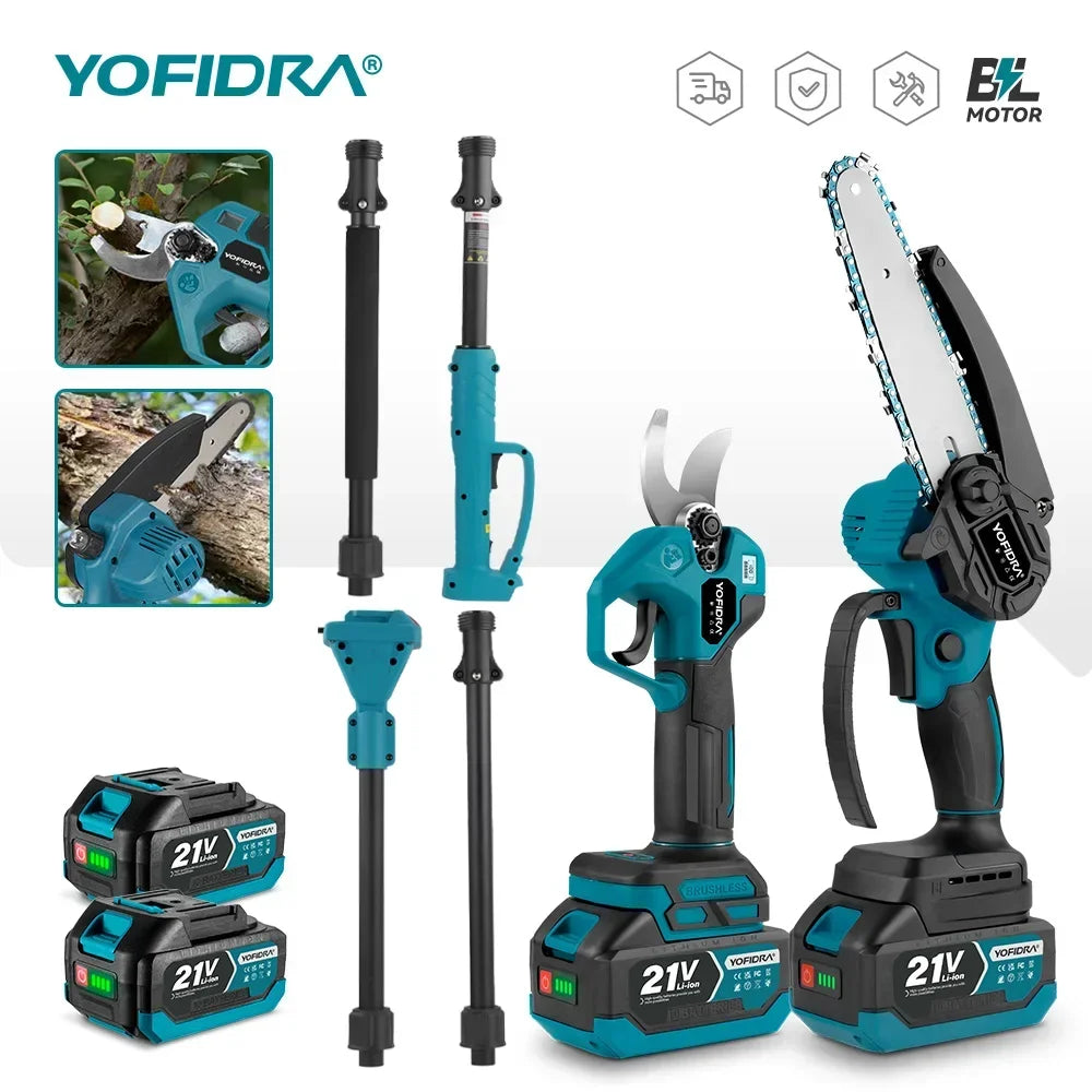 YOFIDRA 3IN1 Brushless Electric Chainsaw Telescoping Pole High Branch Saw Woodworking Pruning Power Tool  Makita 21V Battery Pin